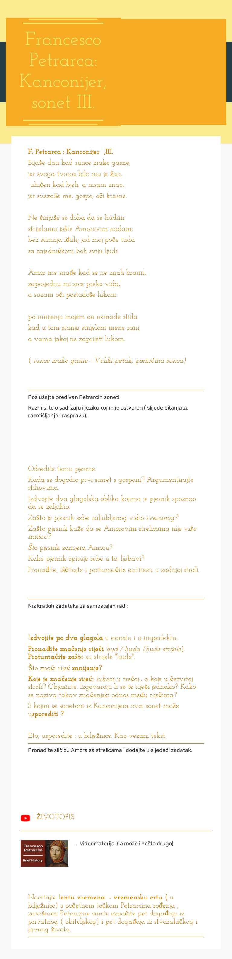 Francesco Petrarca: Kanconijer, sonet III. worksheet preview image