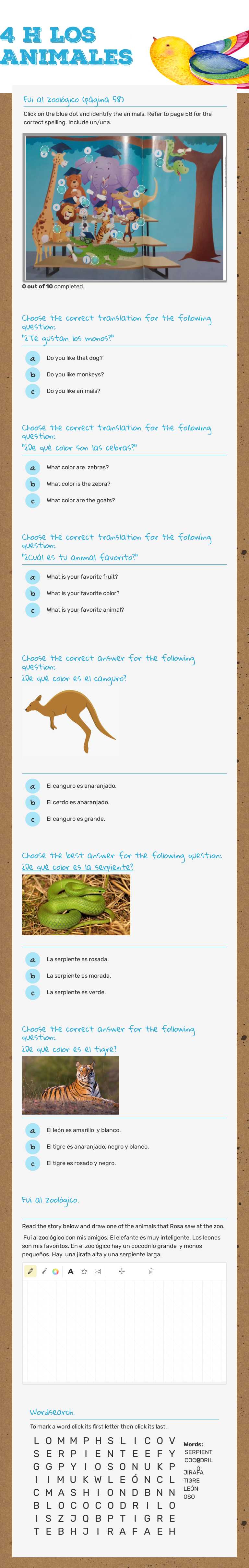 4 h Los Animales worksheet preview image