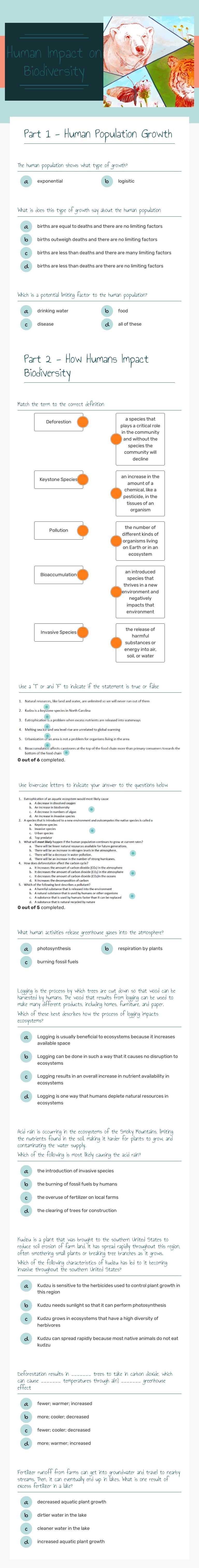 Human Impact on Biodiversity worksheet preview image