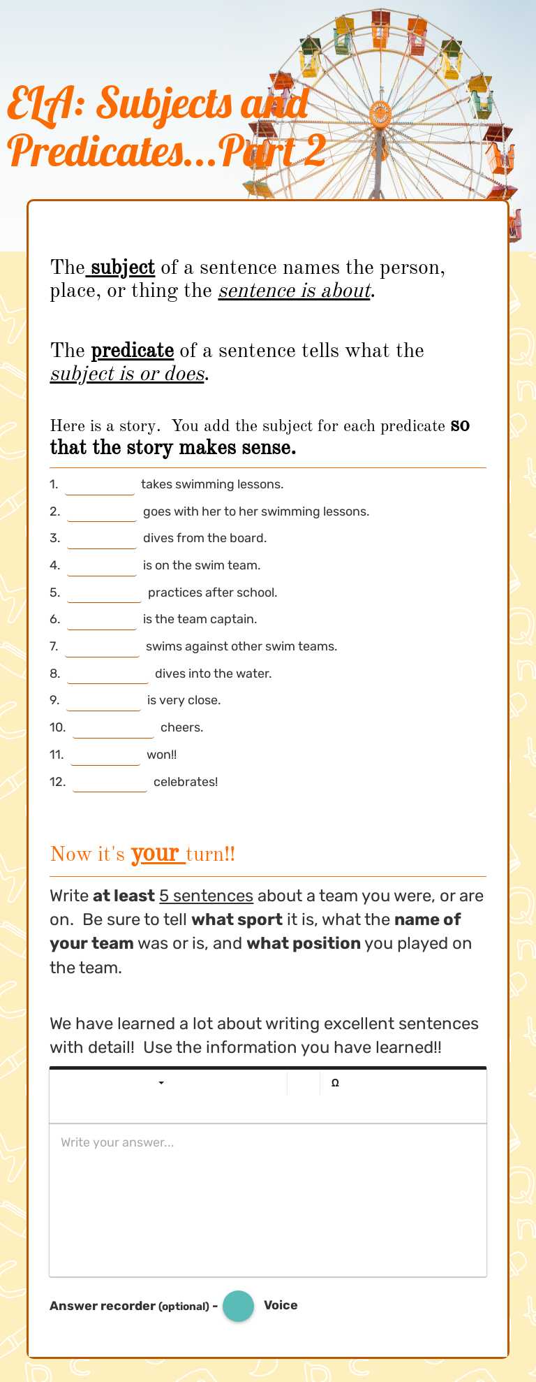 ELA: Subjects and Predicates...Part 2 worksheet preview image