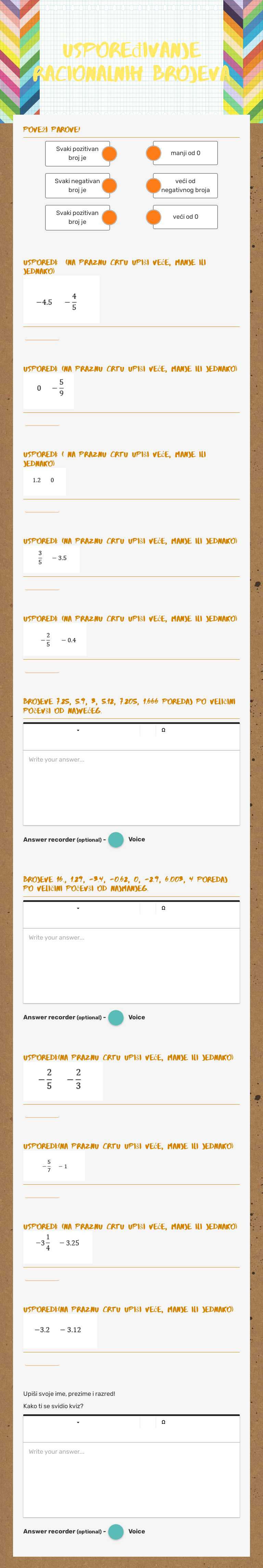 uspoređivanje racionalnih brojeva Grade 6 worksheet preview
