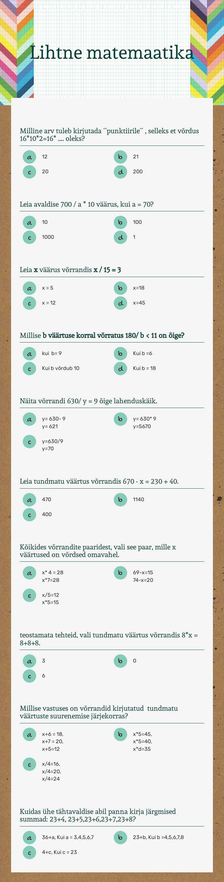 Lihtne matemaatika worksheet preview image
