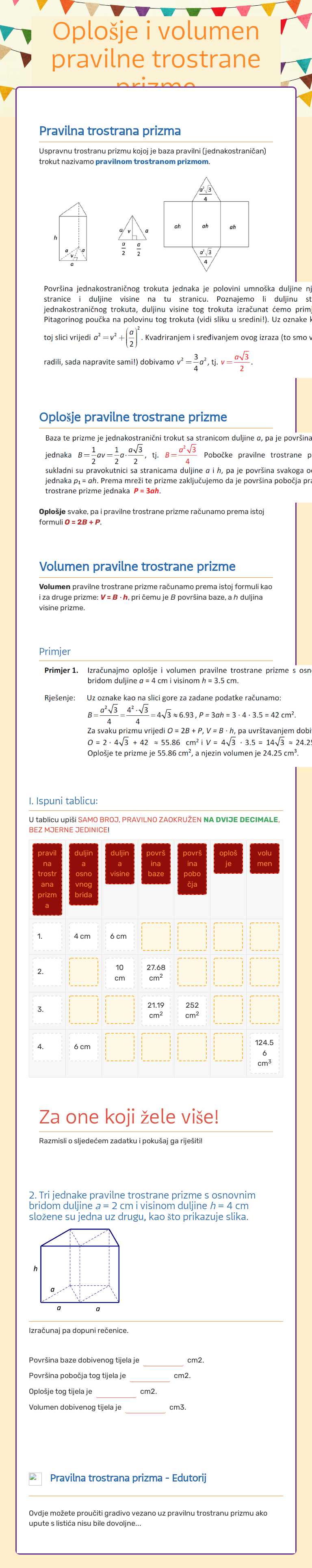 Oplošje i volumen pravilne trostrane prizme worksheet preview image