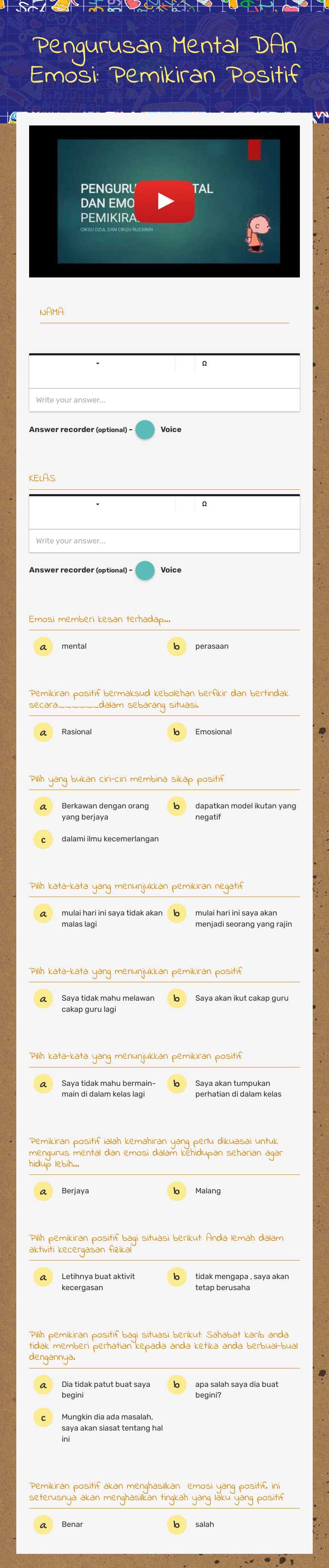 Pengurusan Mental DAn Emosi: Pemikiran Positif worksheet preview image
