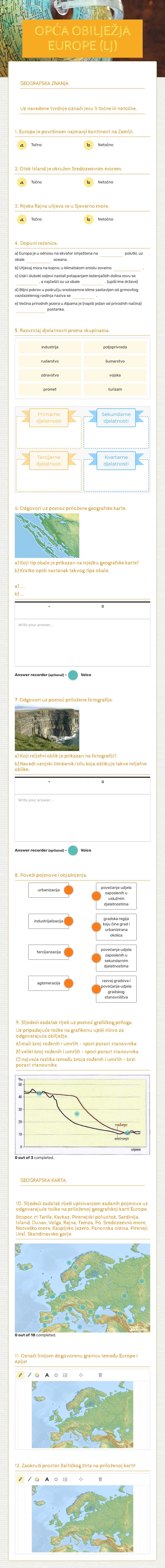 OPĆA OBILJEŽJA EUROPE (LJ) Grade 7 worksheet preview