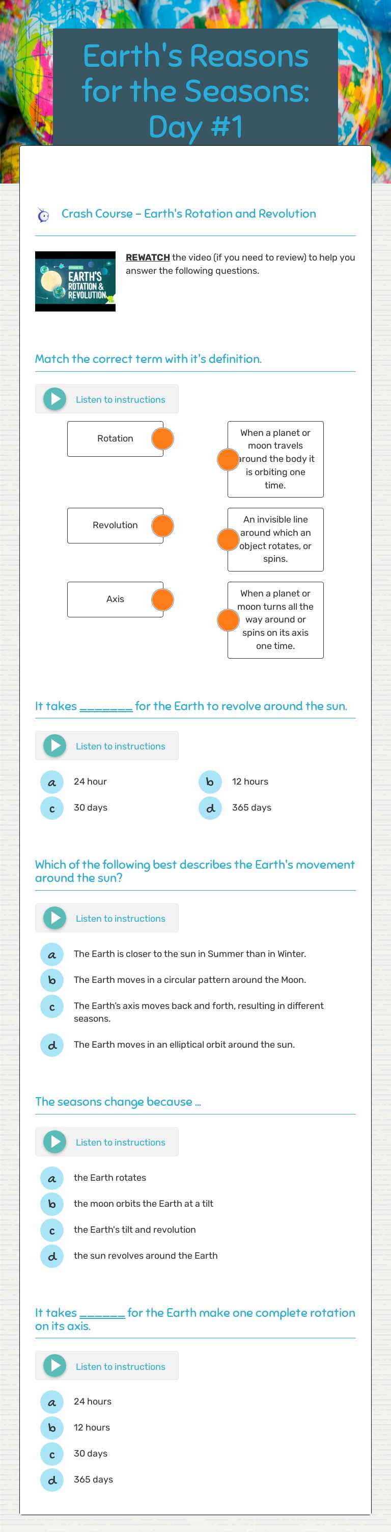 Earth's Reasons for the Seasons: Day #1 worksheet preview image