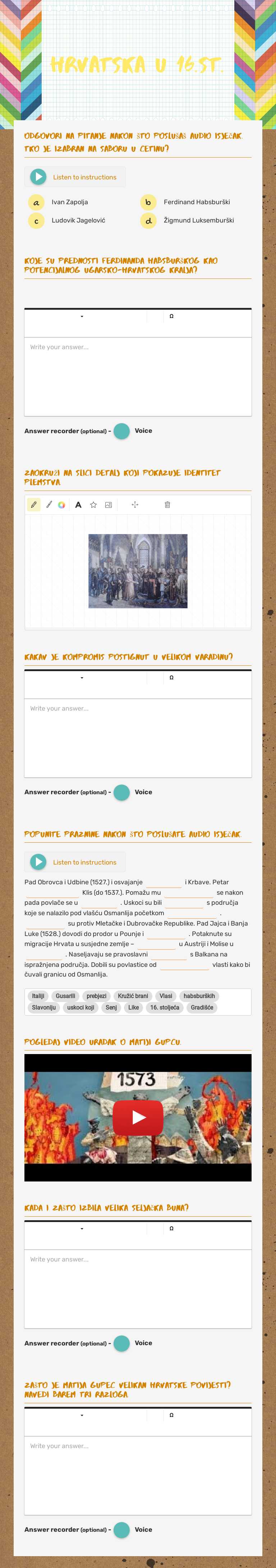 Hrvatska u 16.st. worksheet preview image