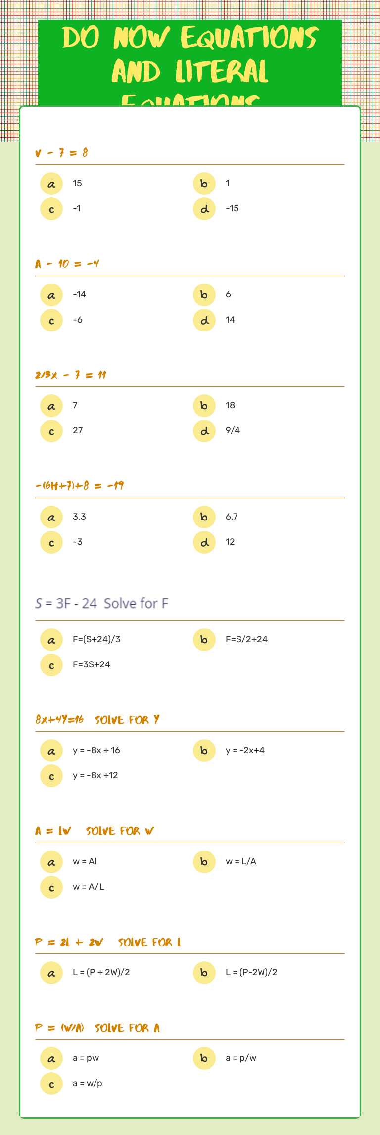 Do now Equations and Literal Equations Grade 9 worksheet preview