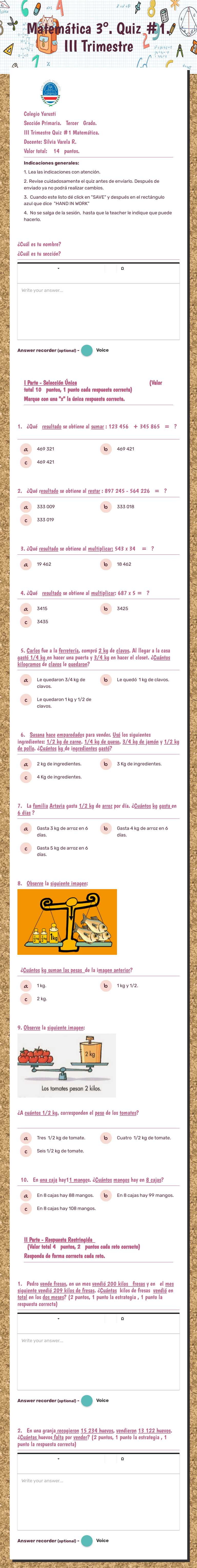 Matemática 3°. Quiz #1.              III Trimestre worksheet preview image