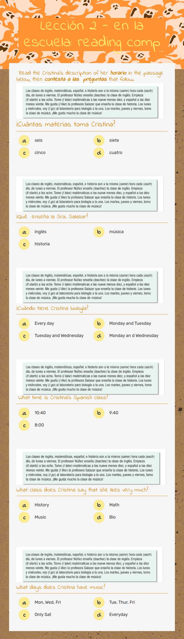 Lección 2 - en la escuela:  reading comp worksheet preview image