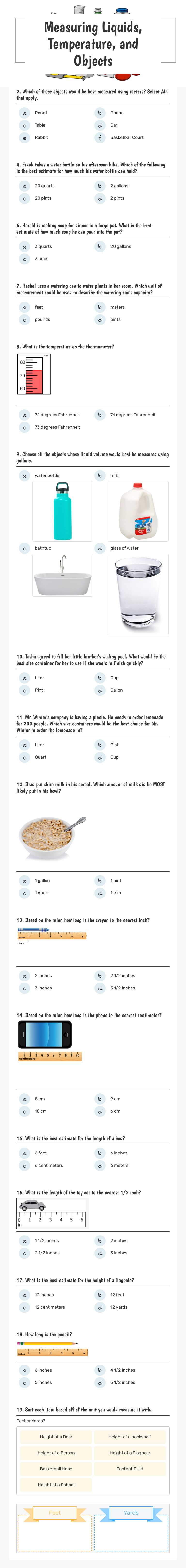 Measuring Liquids, Temperature, and Objects worksheet preview image