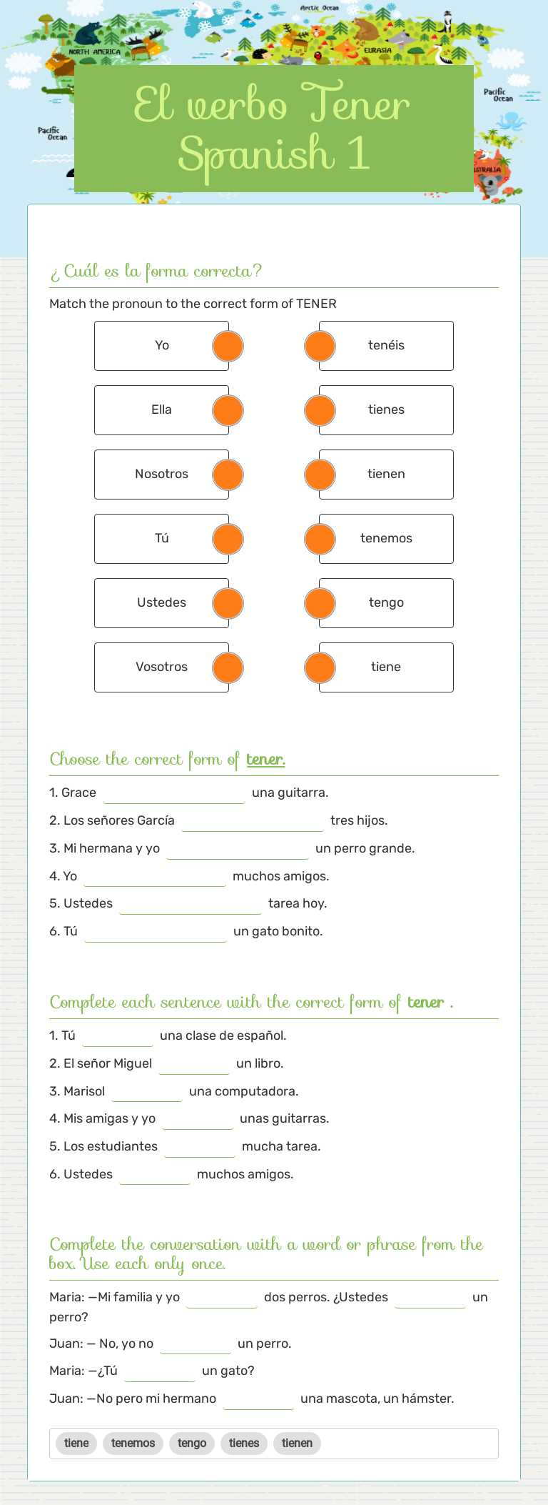 El verbo Tener  Spanish 1 worksheet preview image