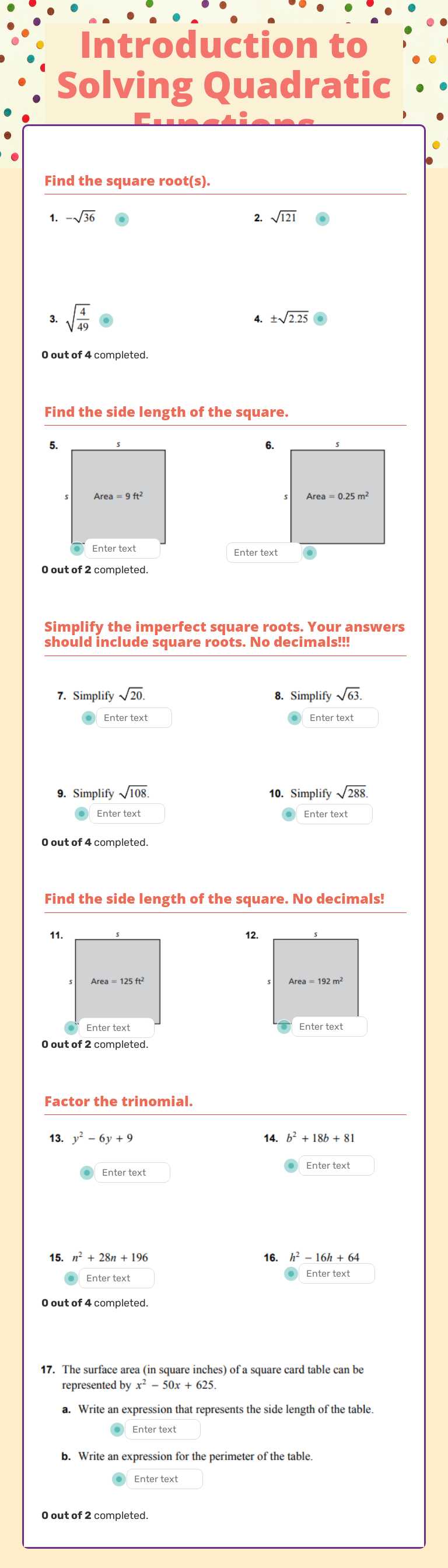 Introduction to Solving Quadratic Functions worksheet preview image