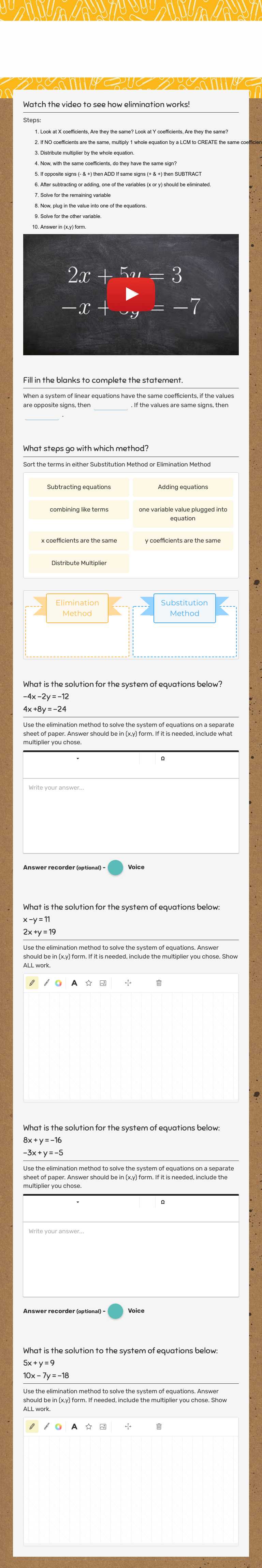 System of Equations-Elimination worksheet preview image