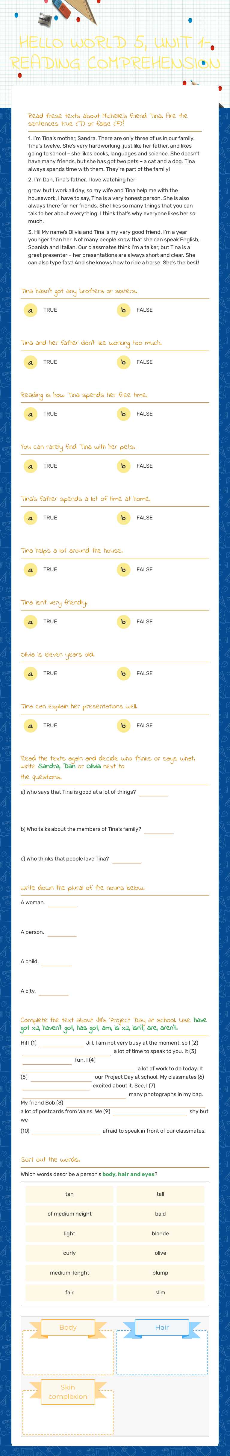 HELLO WORLD 5, UNIT 1-READING COMPREHENSION worksheet preview image