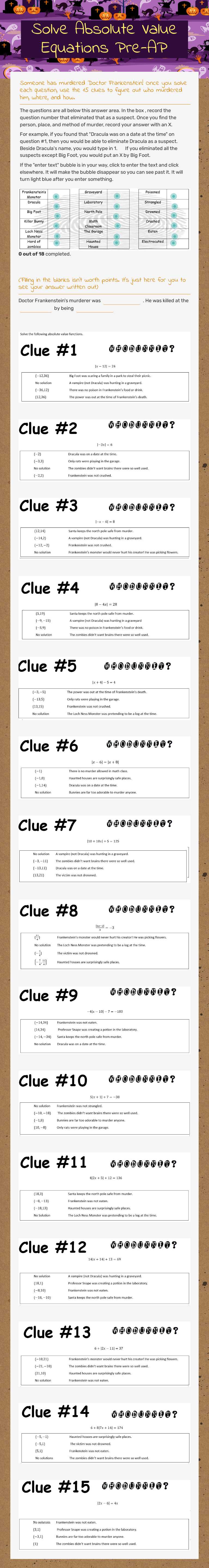 Solve Absolute Value Equations Pre-AP worksheet preview image