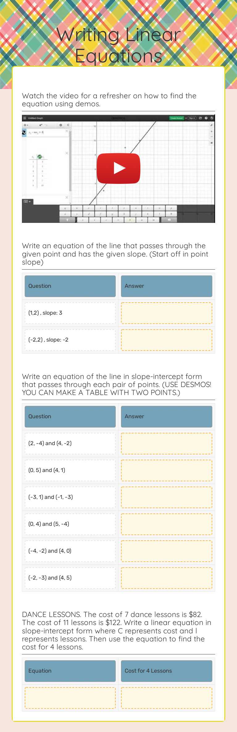 Writing Linear Equations worksheet preview image
