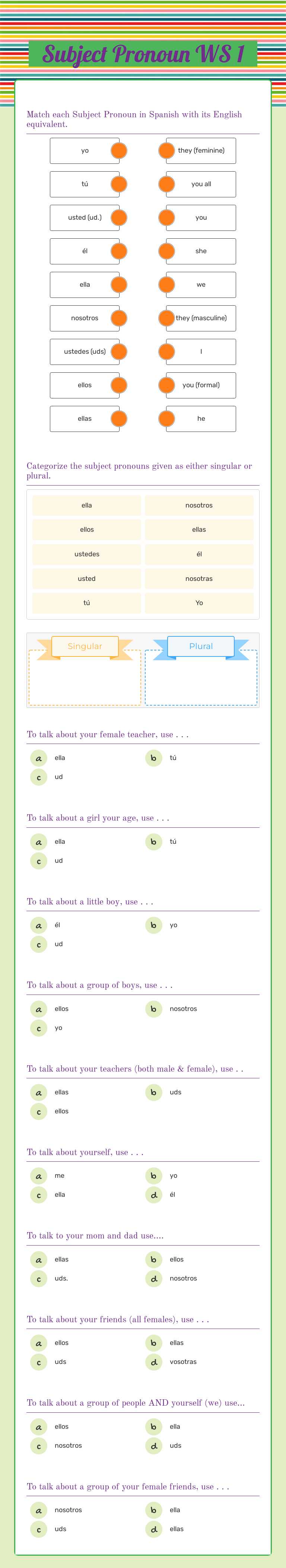 Subject Pronoun WS 1 worksheet preview image