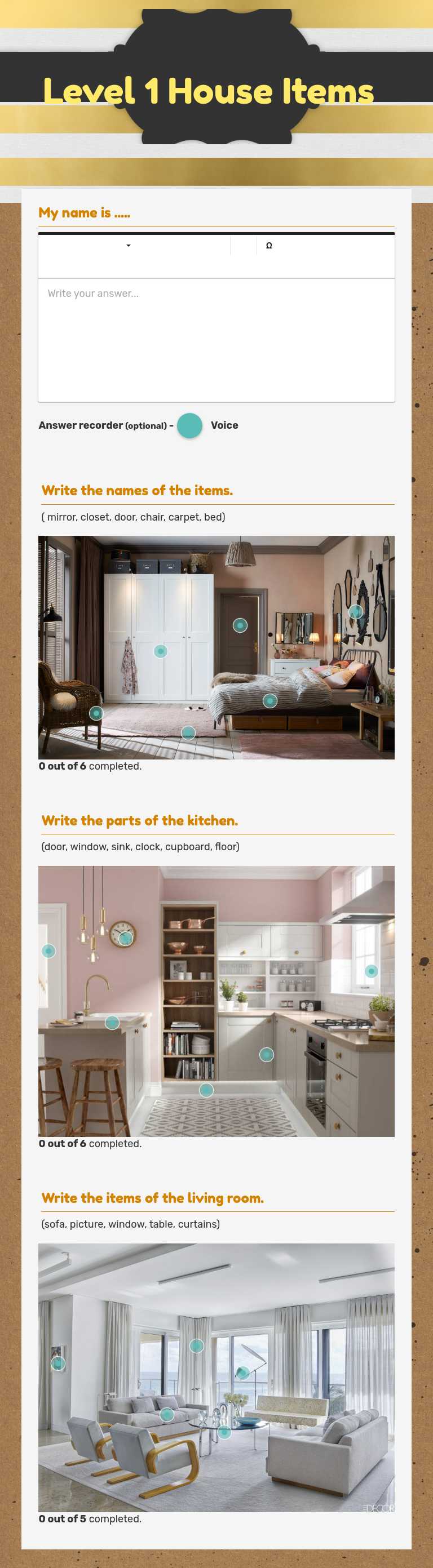 Level 1                                                 House Items worksheet preview image