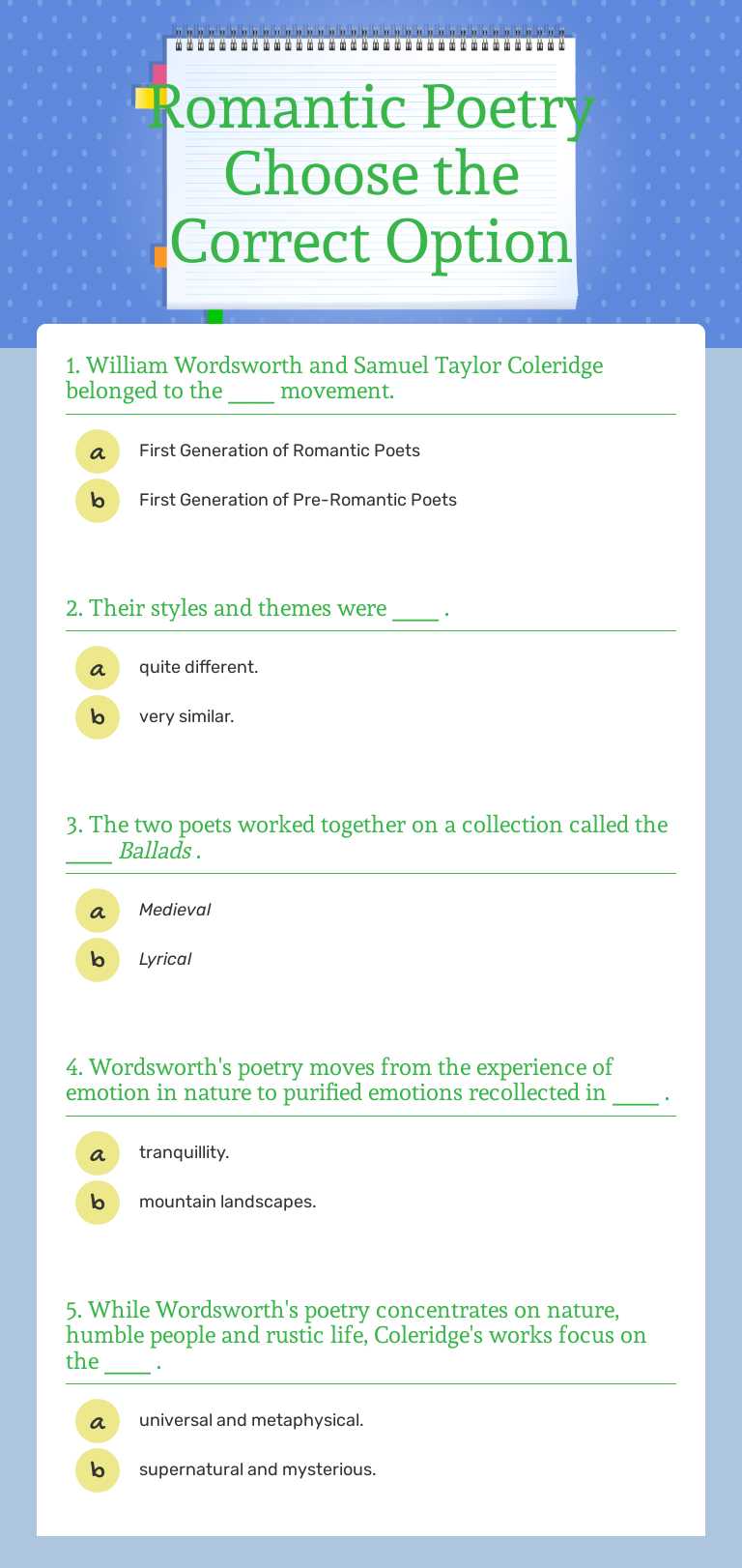 Romantic Poetry Choose the Correct Option worksheet preview image