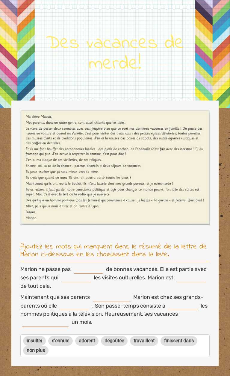 Des vacances de merde! worksheet preview