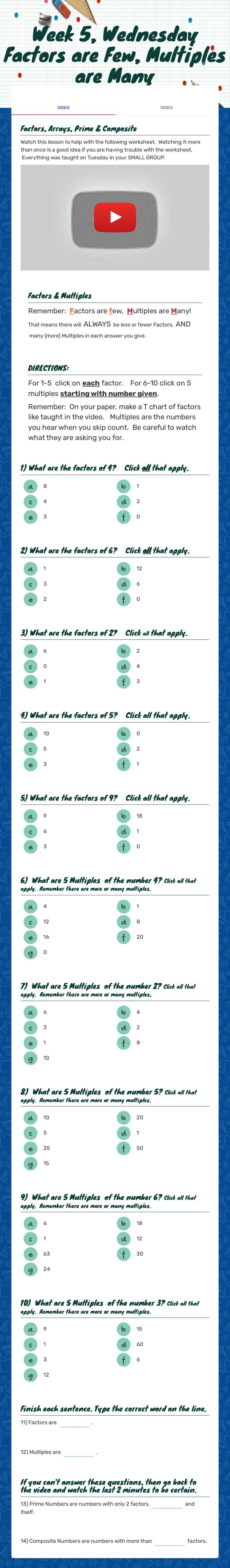 Week 5, Wednesday  Factors are Few, Multiples are Many worksheet preview image