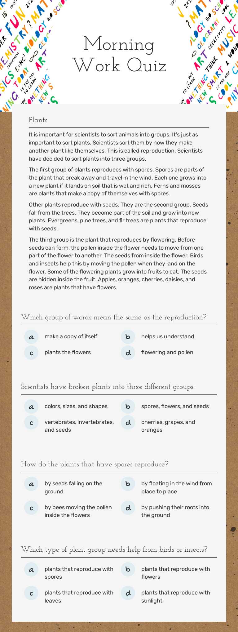 Morning Work Quiz worksheet preview image