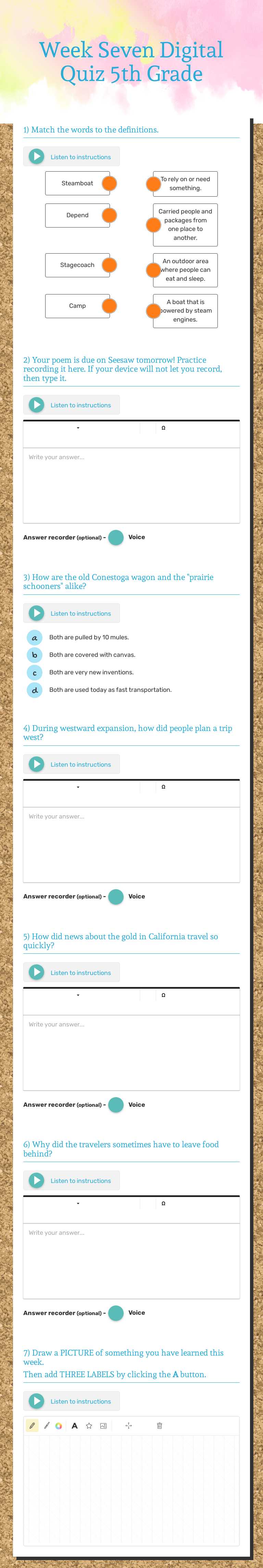 Week Seven Digital Quiz 5th Grade Grade 5 worksheet preview