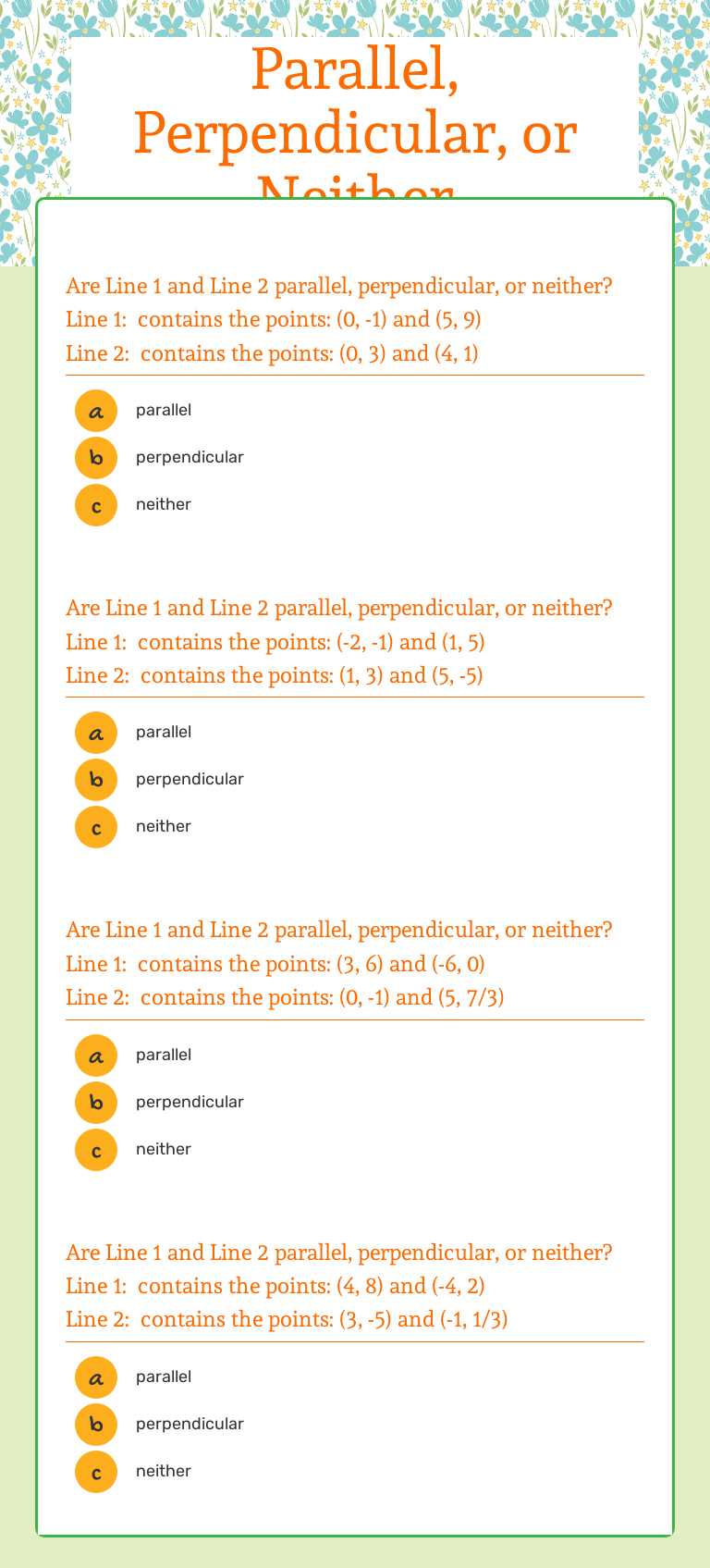 Parallel, Perpendicular, or Neither worksheet preview image