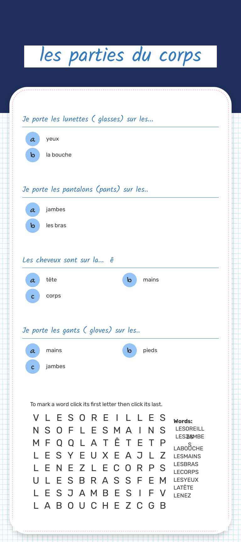 les parties du corps worksheet preview image