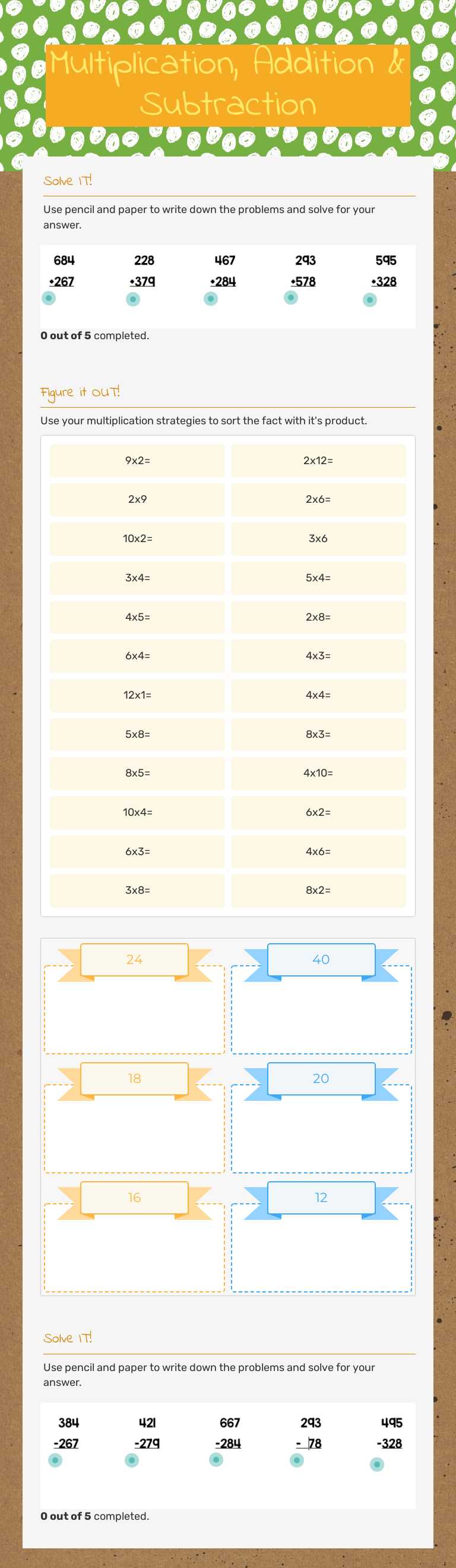 Multiplication, Addition & Subtraction Grade 3 worksheet preview