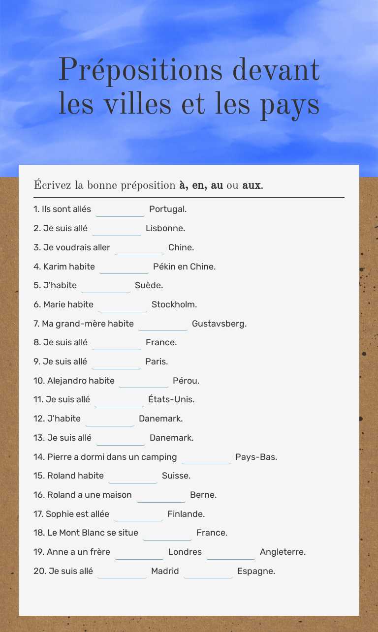 Prépositions devant les villes et les pays worksheet preview image