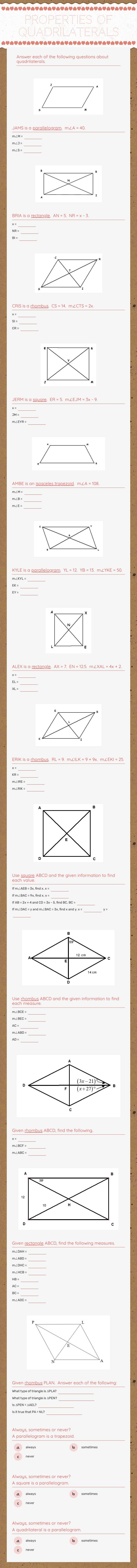 Properties of Quadrilaterals worksheet preview image