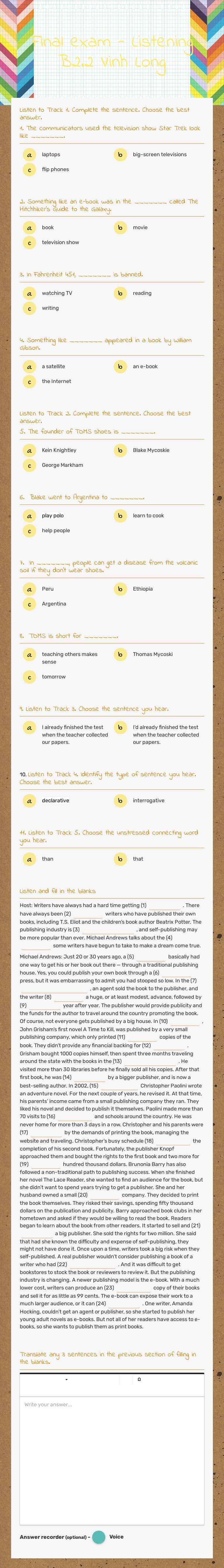 Final exam - Listening B2.2 Vinh Long worksheet preview image