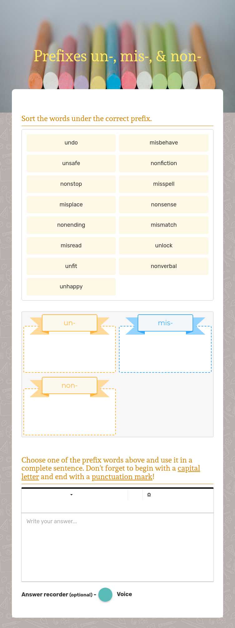 Prefixes un-, mis-, & non- worksheet preview image