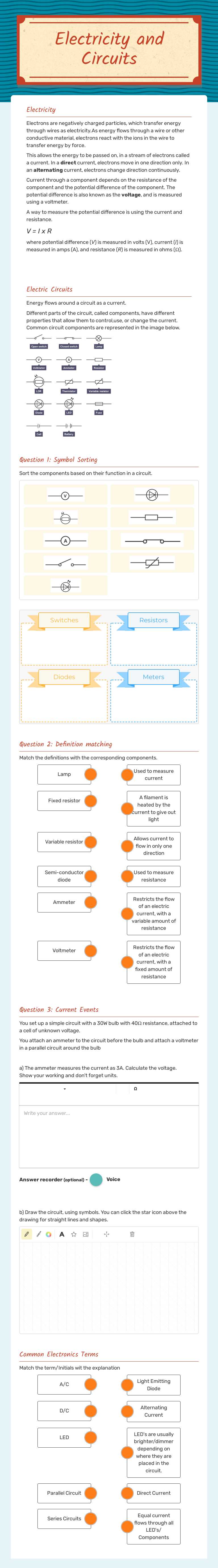 Electricity and Circuits worksheet preview image