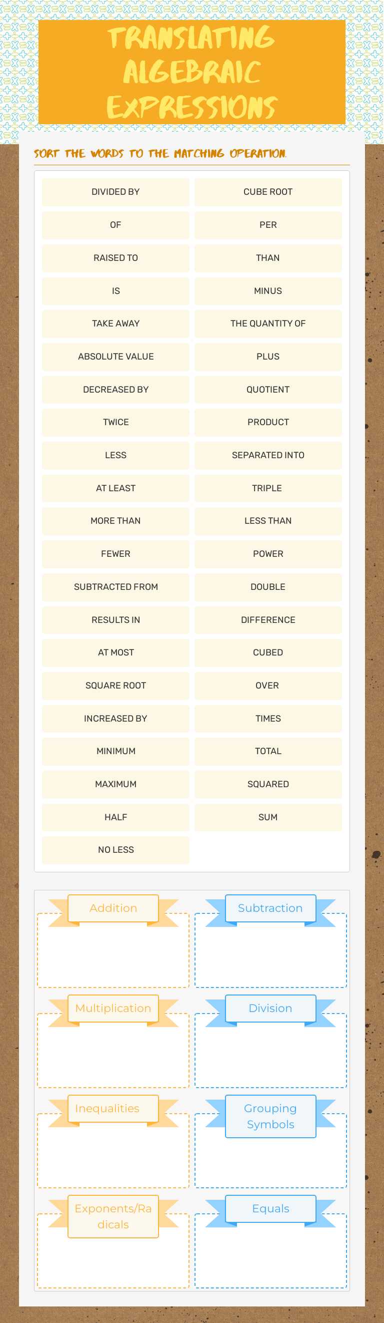 Translating Algebraic Expressions worksheet preview image