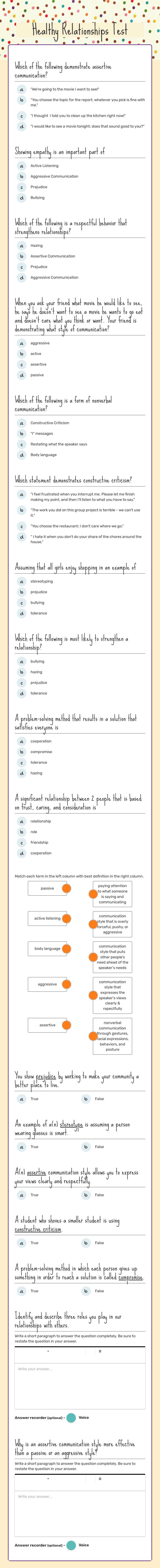 Healthy Relationships Test worksheet preview image