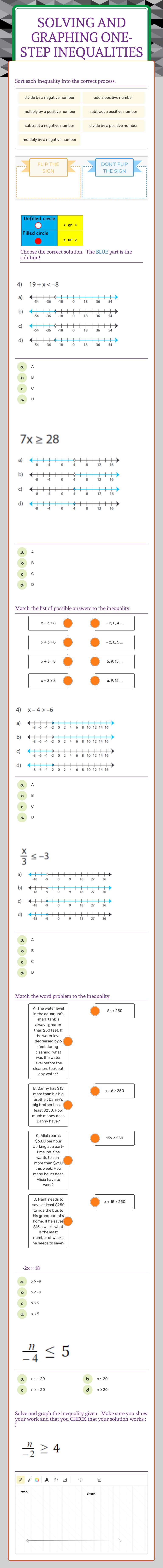 Solving and graphing one-Step Inequalities worksheet preview image