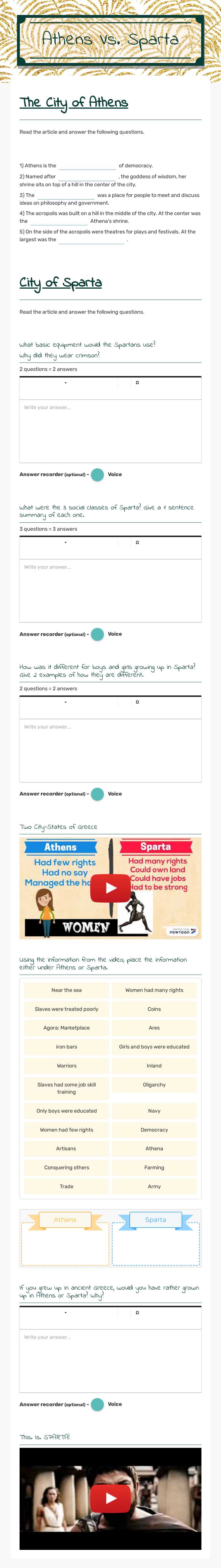 Athens Vs. Sparta worksheet preview image