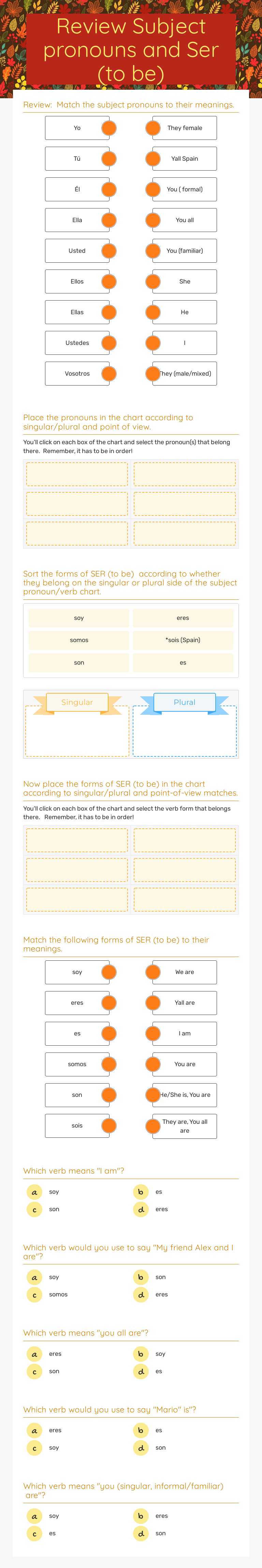 Review Subject pronouns and Ser (to be) worksheet preview image
