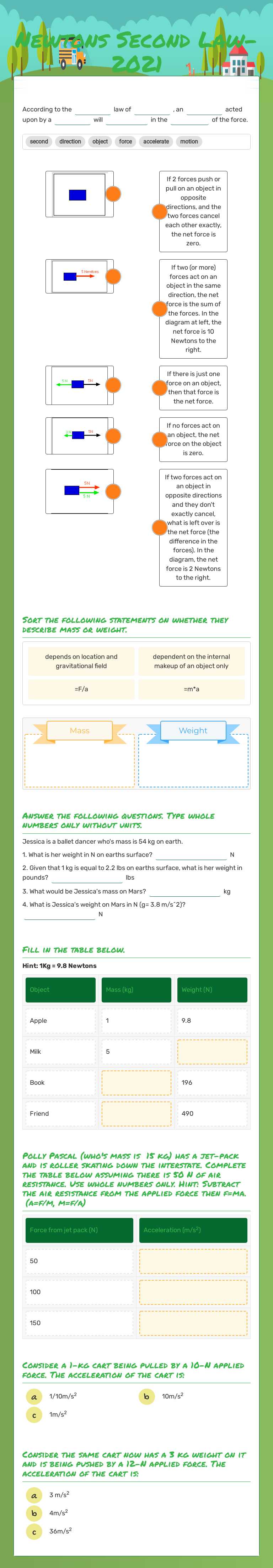 Newtons Second Law-2021 worksheet preview image
