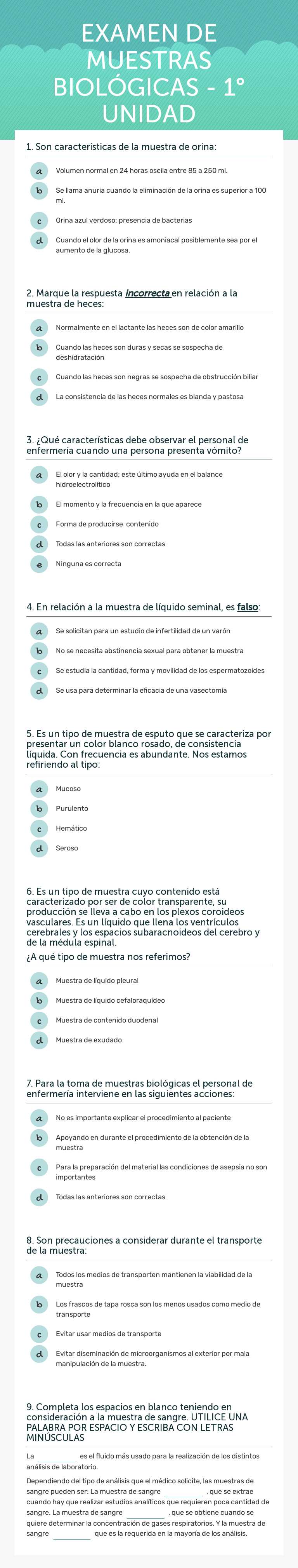 EXAMEN DE MUESTRAS BIOLÓGICAS - 1° UNIDAD worksheet preview image