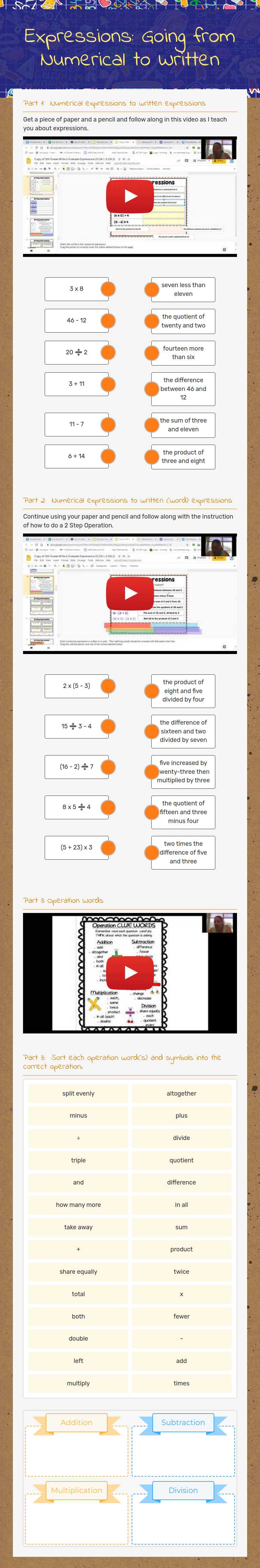 Expressions: Going from Numerical to Written worksheet preview image
