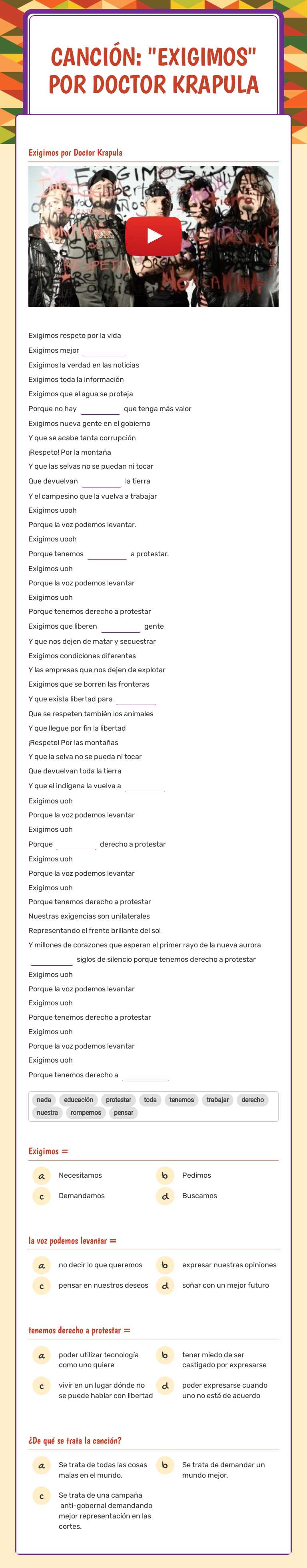 Canción: "Exigimos"
 por doctor krapula worksheet preview image