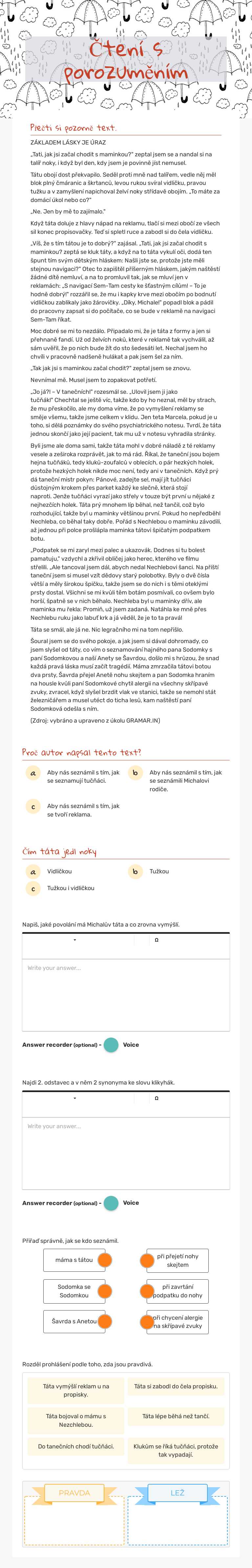 Čtení s porozuměním worksheet preview image