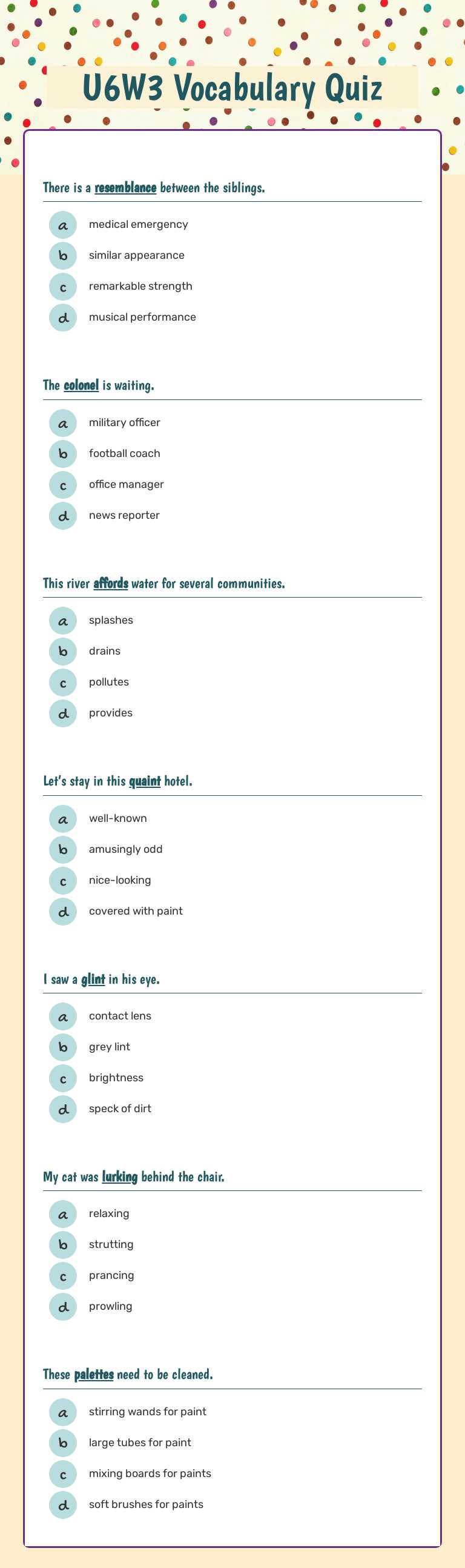 U6W3 Vocabulary Quiz Grade 4 worksheet preview