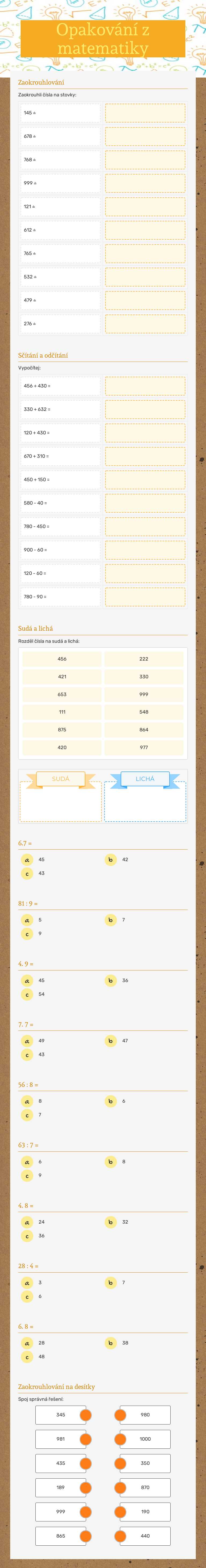 Opakování z matematiky worksheet preview image