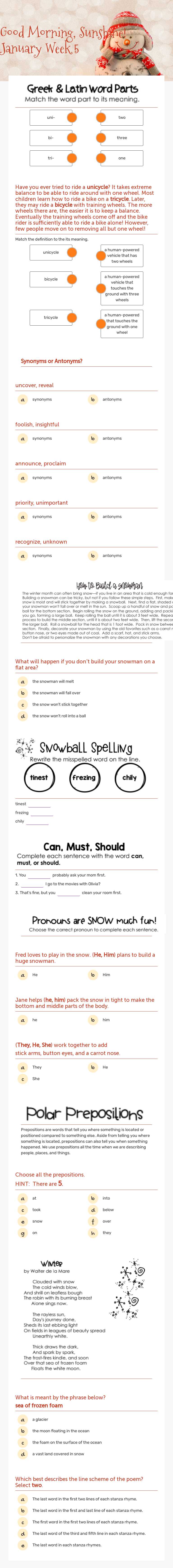 Good Morning, Sunshine!  January Week 5 worksheet preview image