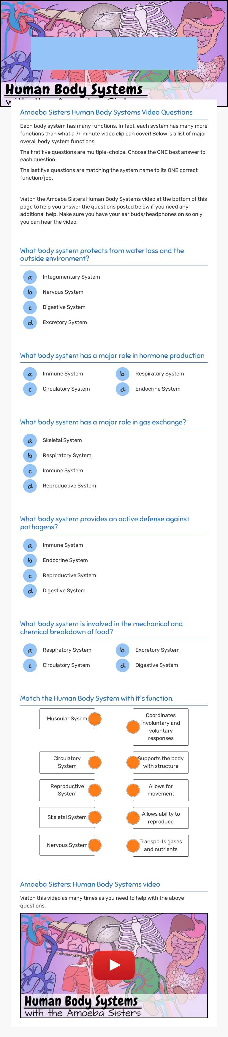 Amoeba Sisters: 
Human Body Systems Video worksheet preview image
